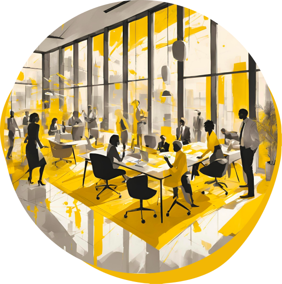 Escritório moderno e dinâmico com pessoas colaborando em um ambiente iluminado.