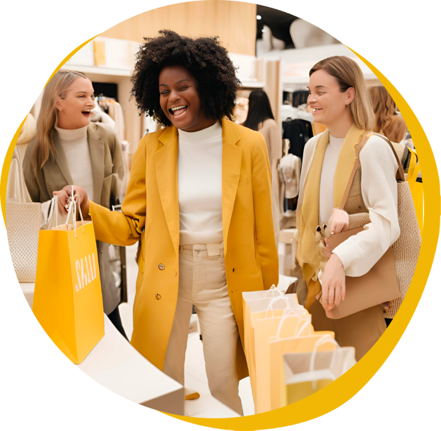 Três amigas sorrindo enquanto fazem compras.